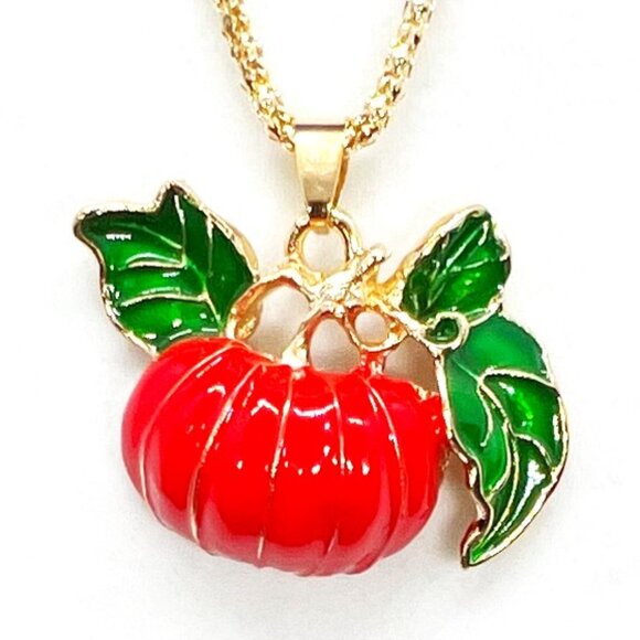 Orange PUMPKIN with Green Leaves Halloween Pendant Necklace - Picture 1 of 1